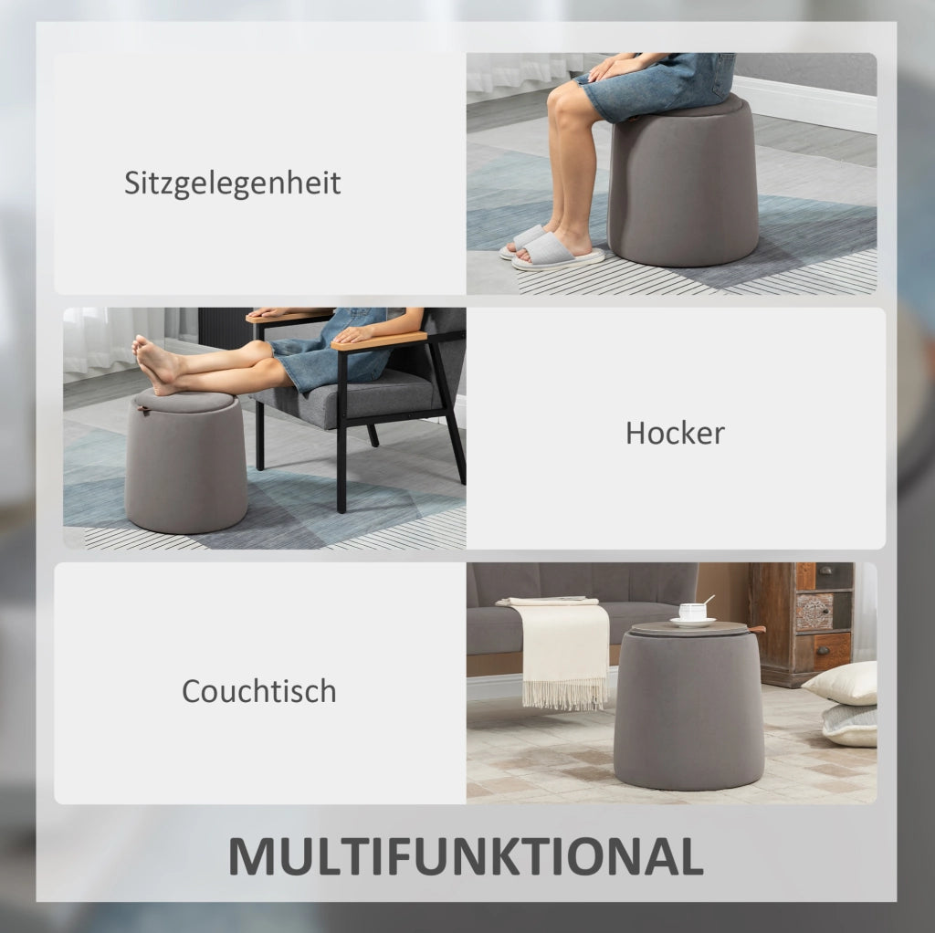 Pouf rotondo 2-in-1 con contenitore e rivestimento in velluto grigio scuro, Ø44 x 47,5 cm