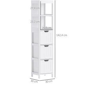 Mobiletto da bagno alto bianco con 3 cassetti e 2 ripiani aperti, 30x30x142,4 cm
