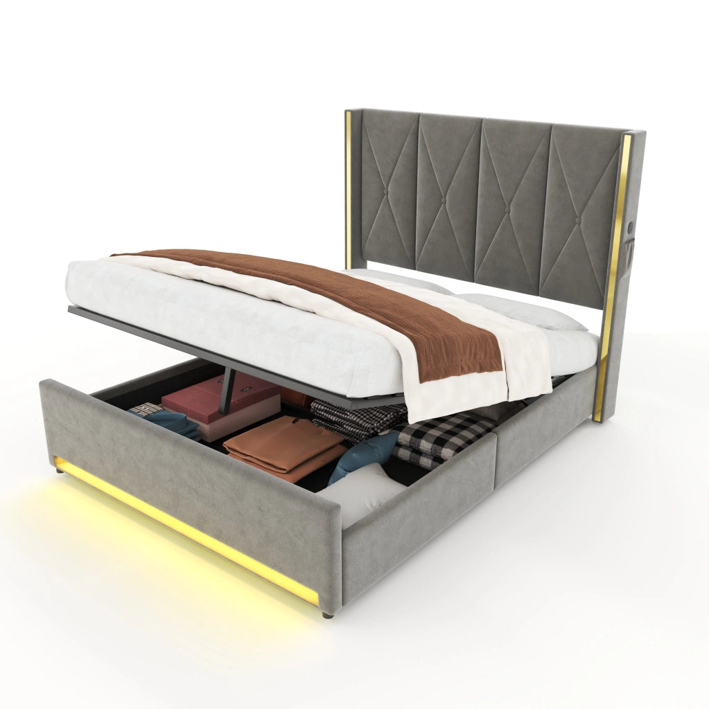 Letto matrimoniale contenitore 160x200 cm in velluto grigio scuro con testiera alta, LED, USB e Type-C