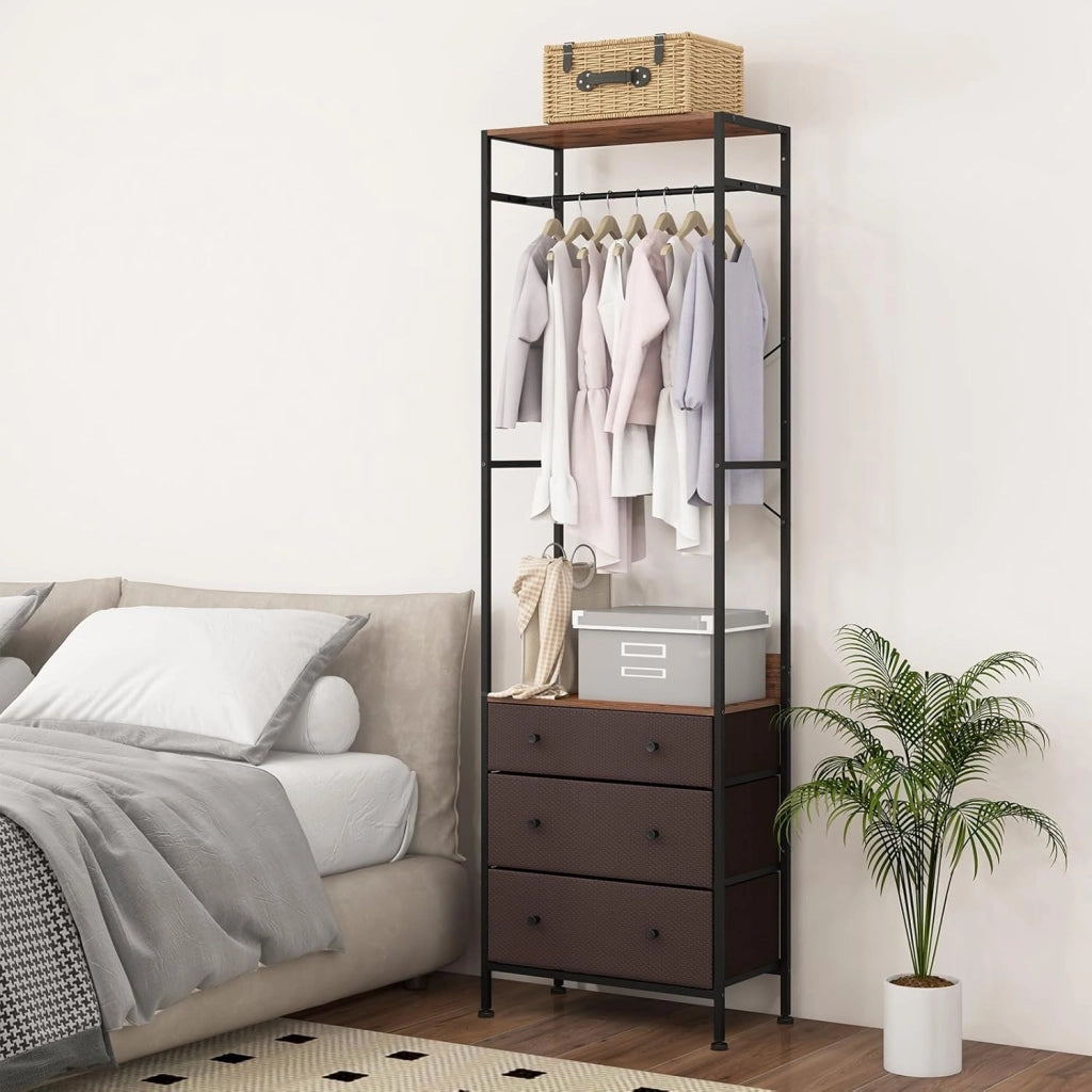 Appendiabiti con Cassetti in Tessuto, Armadio Autoportante con Asta Appendiabiti a 3 Posizioni e Ripiani di Stoccaggio, Ideale per Ingresso Camera da Letto, 55x28x176 cm (Marrone)