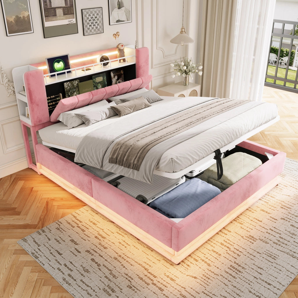 Letto imbottito rosa 160x200 con LED; USB e contenitore idraulico