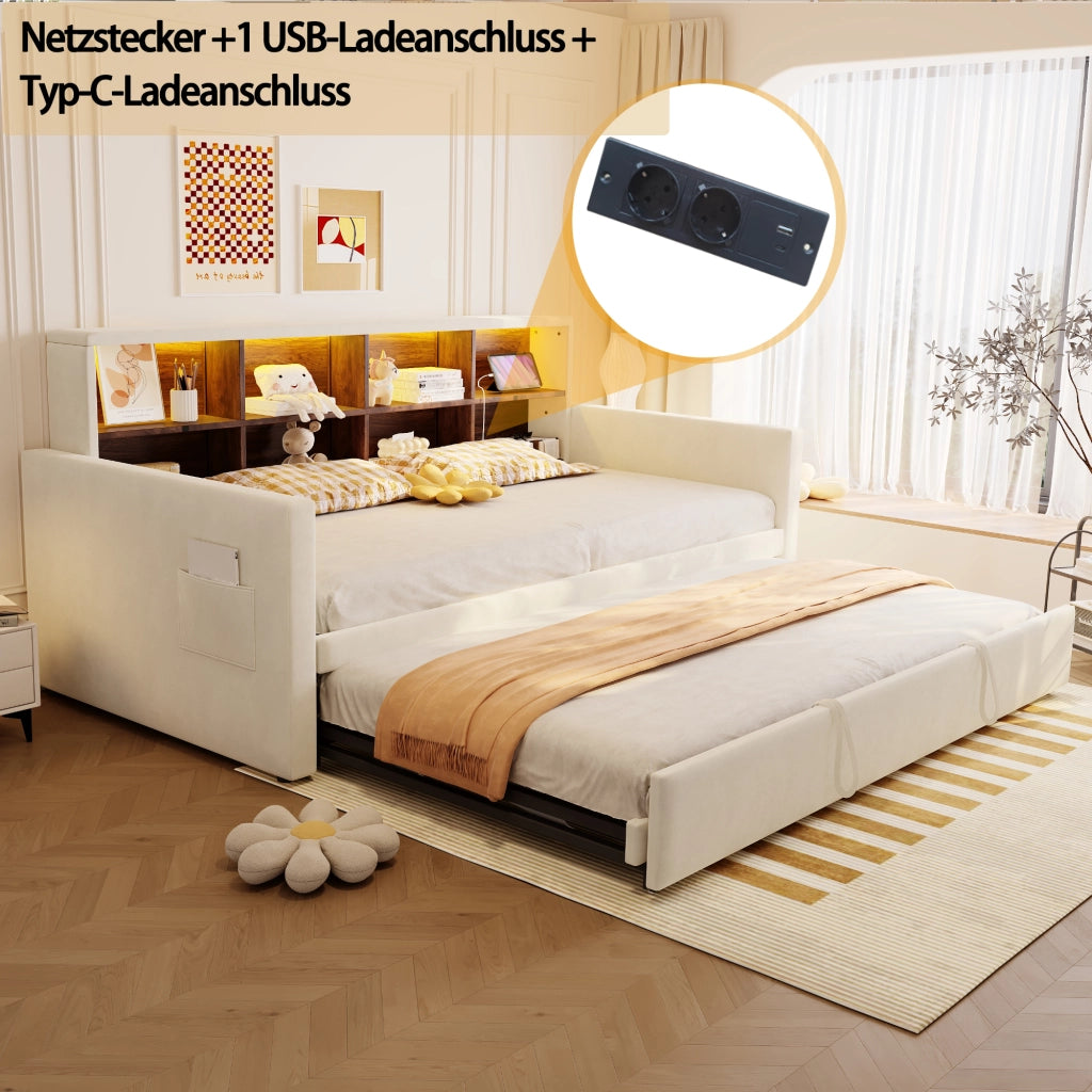 Letto singolo imbottito 90 × 190 cm estraibile in velluto beige con testiera LED prese e vani portaoggetti