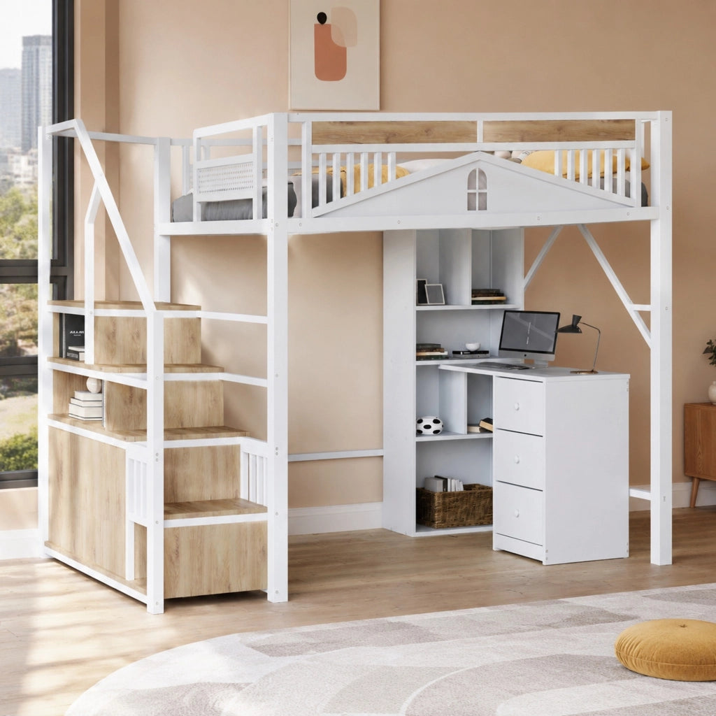Letto a soppalco 140 × 200 cm con scale e vani contenitore struttura in metallo compensato e MDF bianco