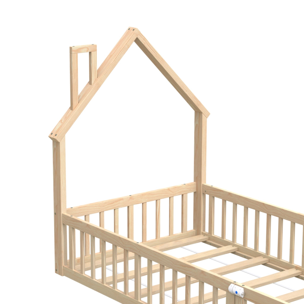 Letto a casetta 90 × 200 cm con struttura a camino; rete a doghe; in legno di pino e MDF naturale