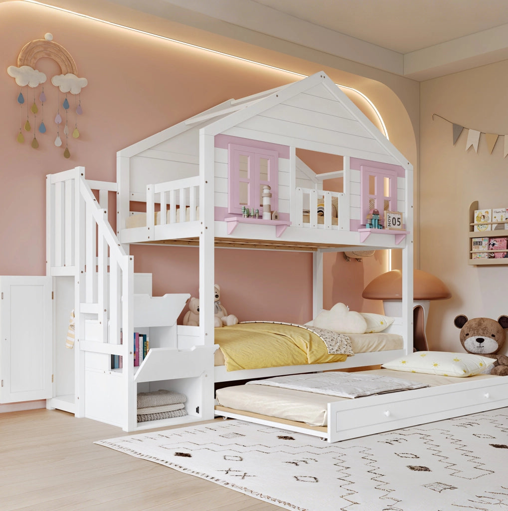 Letto a castello 90x200 cm bianco e rosa in legno e MDF, estraibile,