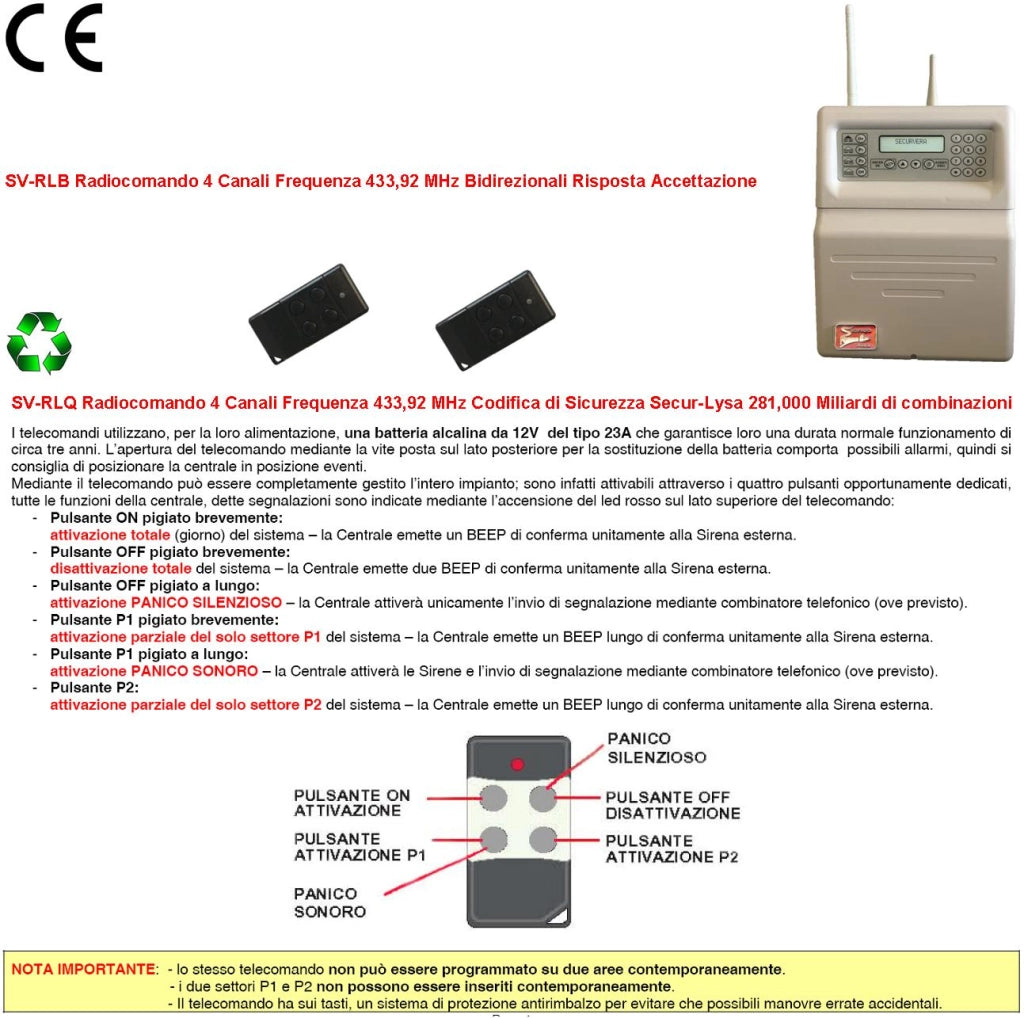 Radiocomando 2 Pezzi Inserimento e Disinserimento Totale e Parziale Tipo Giorno Notte Per Allarme Lysa64 e Lysa GSM Sydra 4 Canali Frequenza 433,92 MHz rolling code Anticollisione Antiannebbiamento