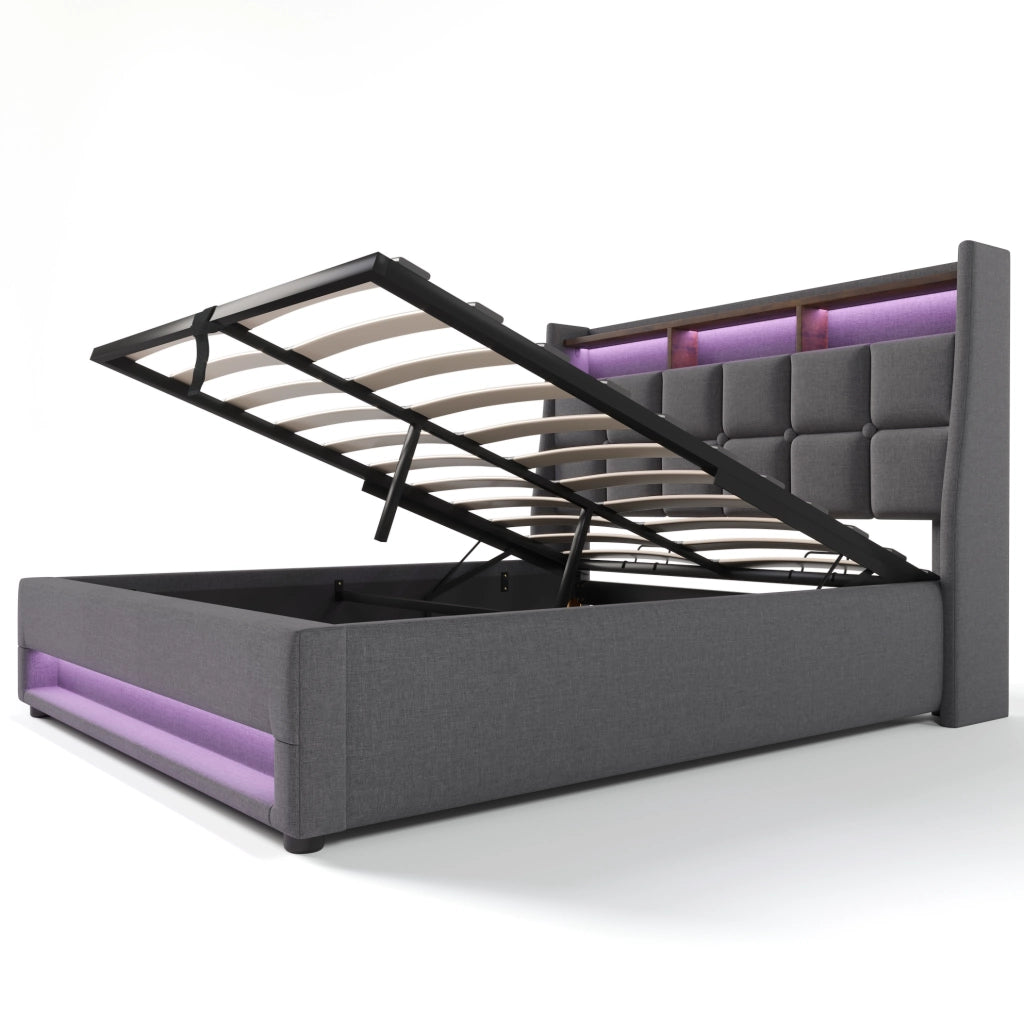 Letto matrimoniale 180x200 in lino grigio con USB， LED e contenitore， senza materasso