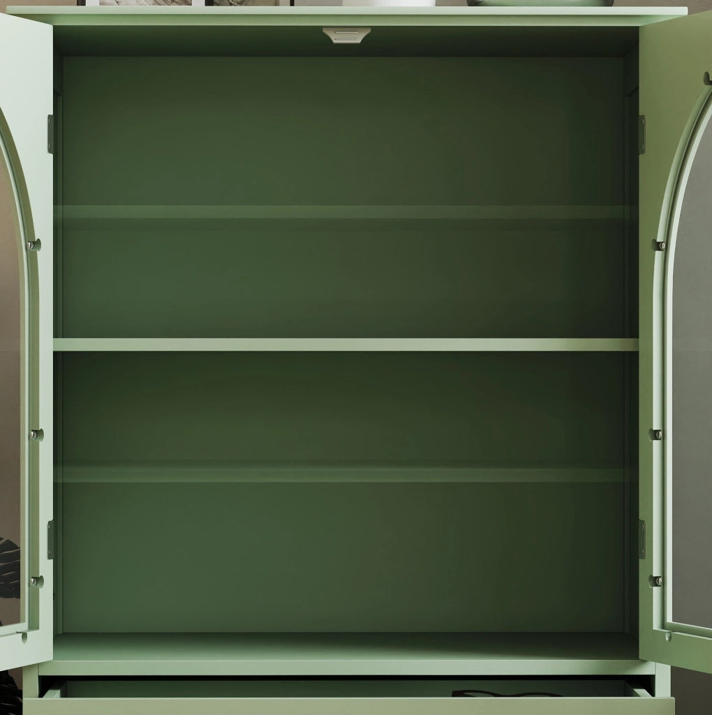 Credenza in Legno Farmhouse con Ante Arcuate in Vetro 71 x 38 x 98.5 cm Verde Menta per Cucina e Soggiorno