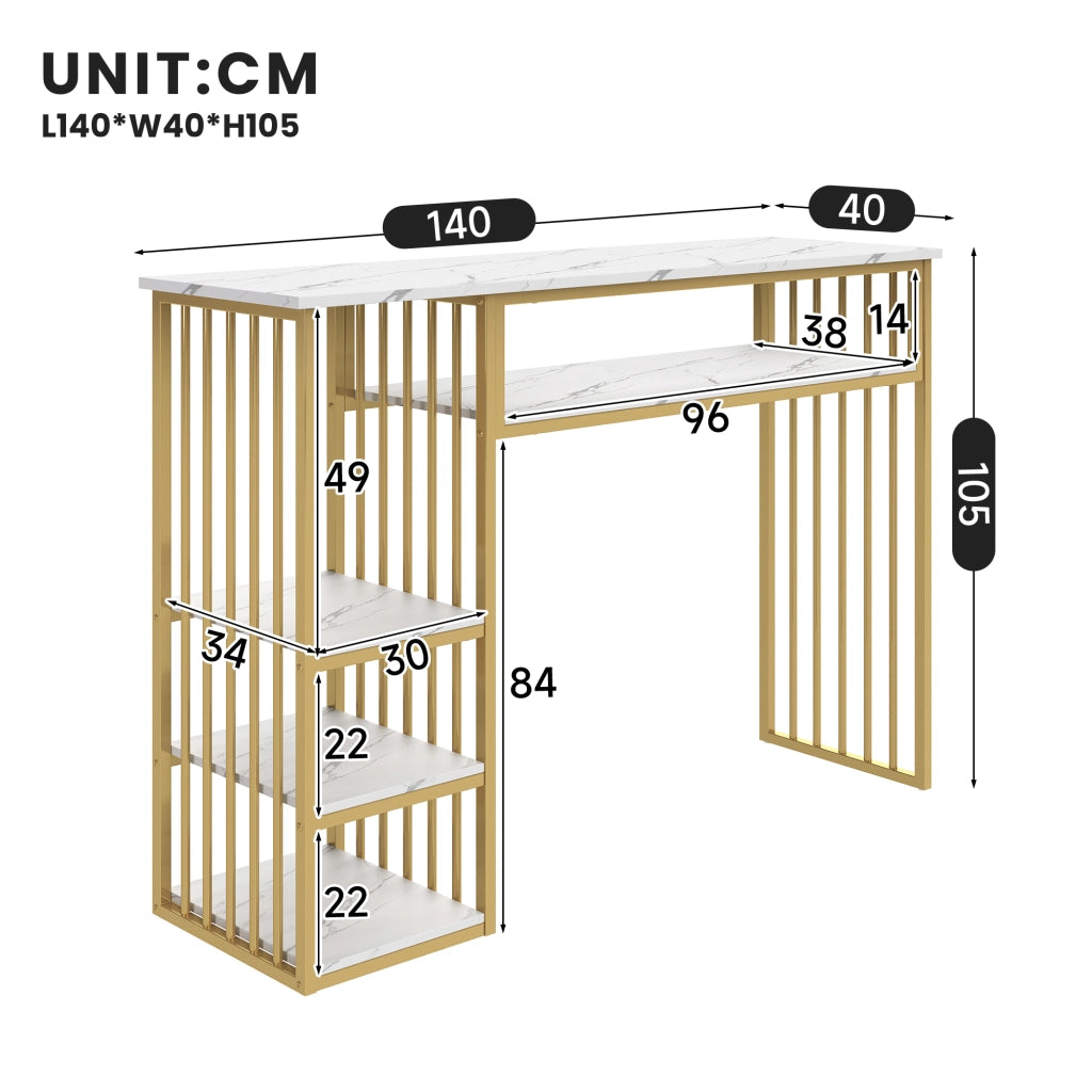 Bartisch con ripiani 140 x 40 x 105 cm in MDF e metallo; bianco e oro