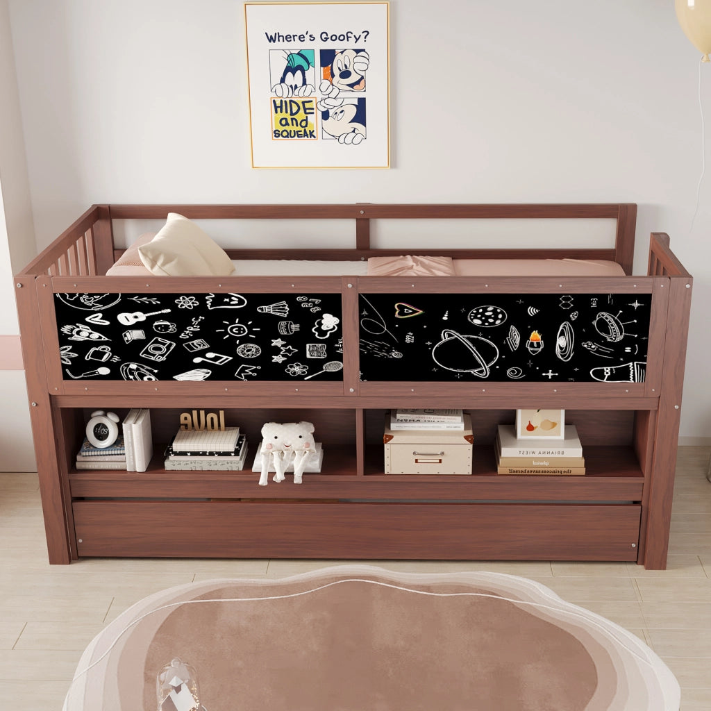 Letto a soppalco bambino 90×200 cm estraibile con lavagna; ripiani e scaletta; senza materasso; legno; marrone