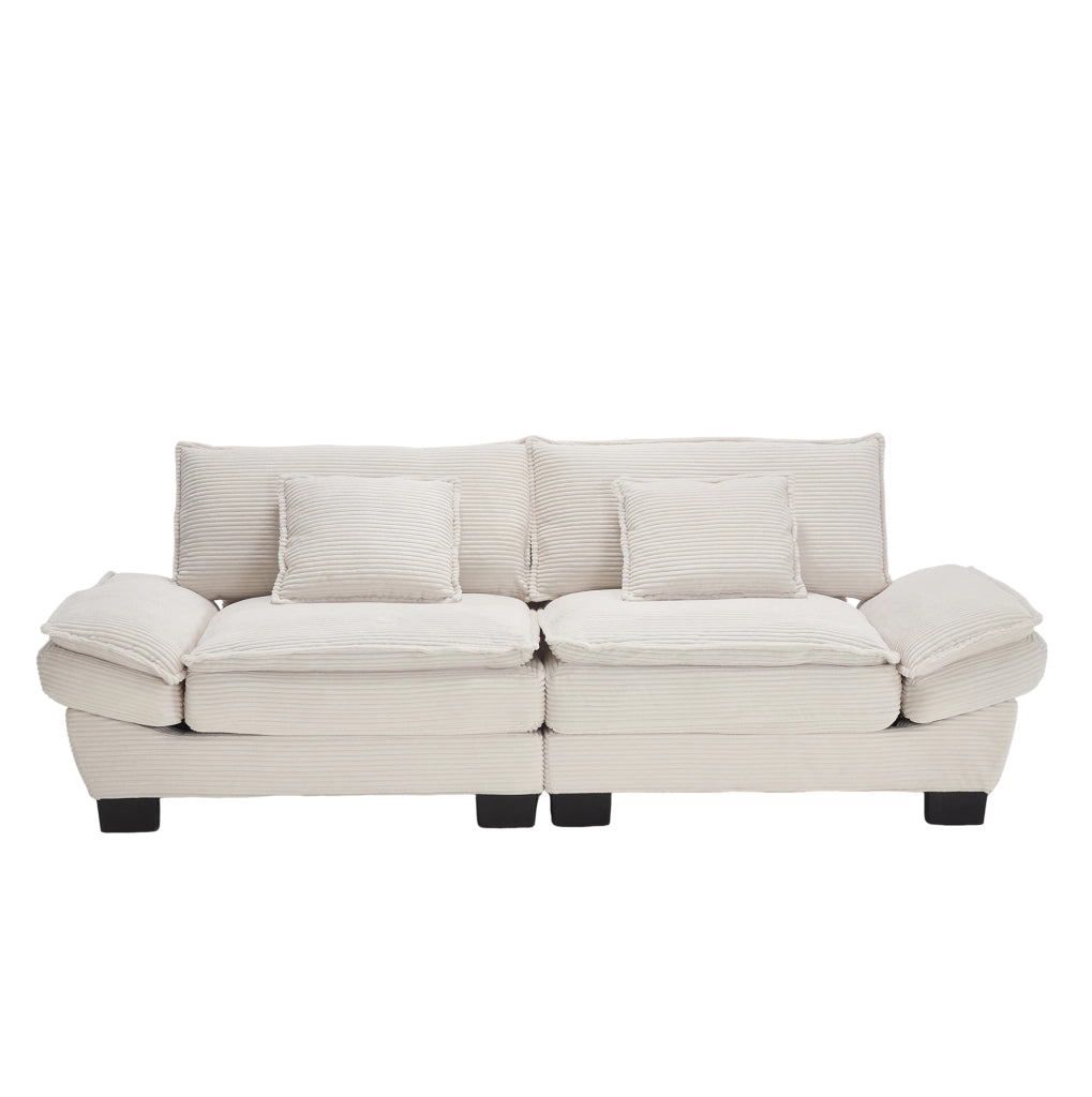 Divano a due posti in velluto beige con struttura in legno e gambe in plastica, 224x81x81 cm