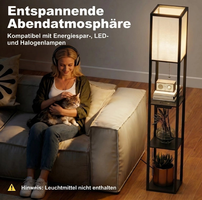 Lampada da terra LED nera con ripiani, dimmerabile, interruttore a catena e prese USB-A, USB-C e presa elettrica