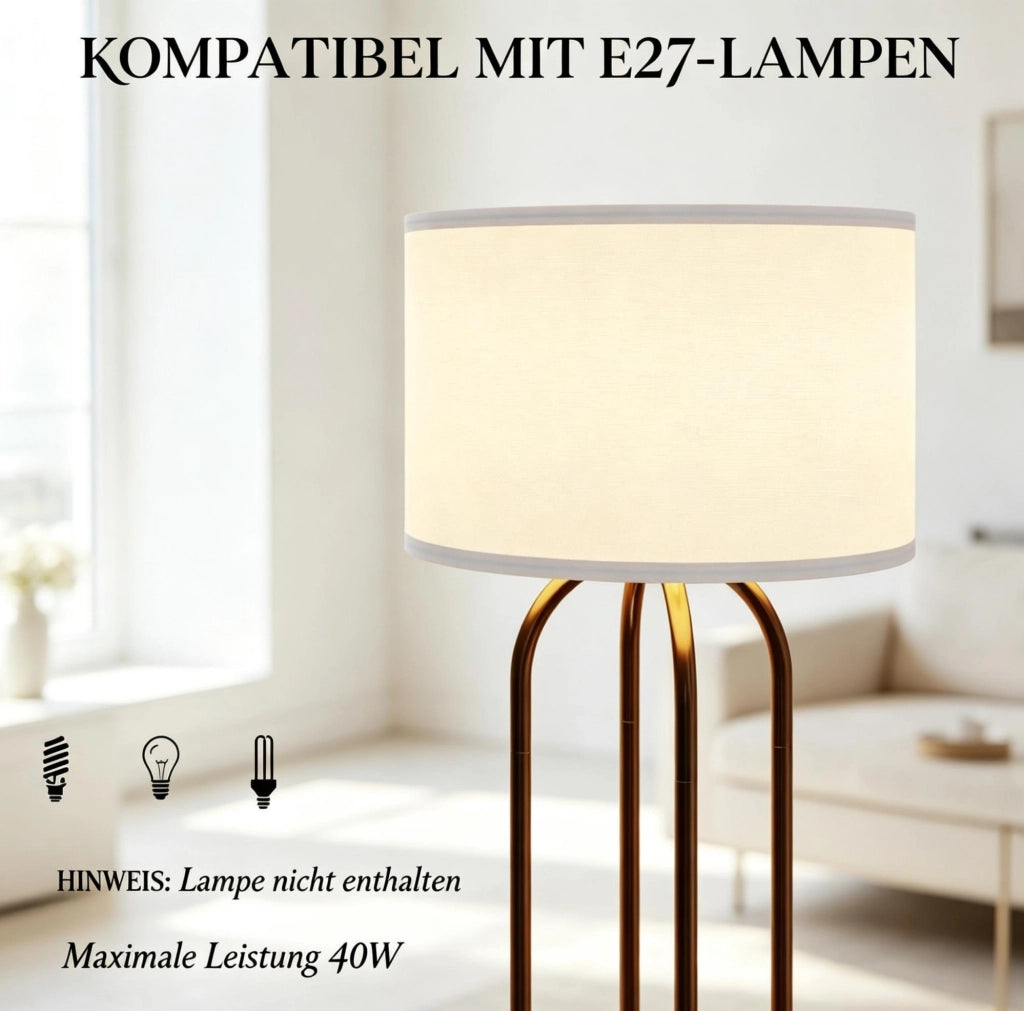 Lampada da terra moderna per soggiorno con paralume beige in lino e interruttore a piede