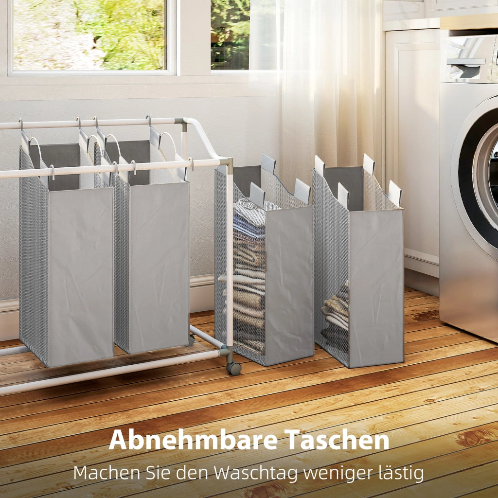 Cesto portabiancheria 4 scomparti 160L ¨C Xylo ¨C con ruote e sacchi rimovibili 97x38x81cm grigio