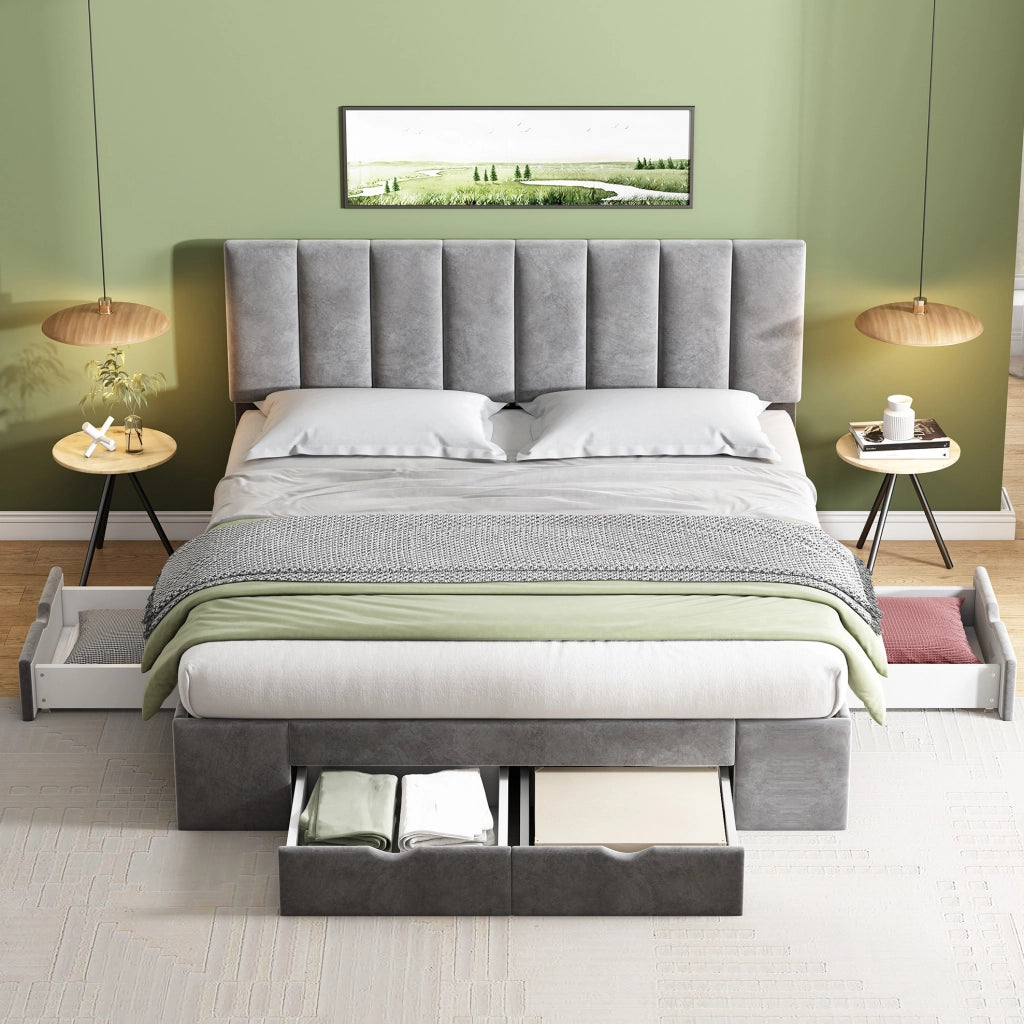 Letto imbottito in velluto grigio 160x200 cm con rete a doghe e 4 cassetti YEAVIO