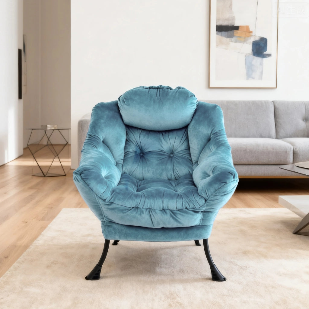 Sedia relax con poggiapiedi e tasca laterale, poltrona lounge imbottita blu, struttura in metallo