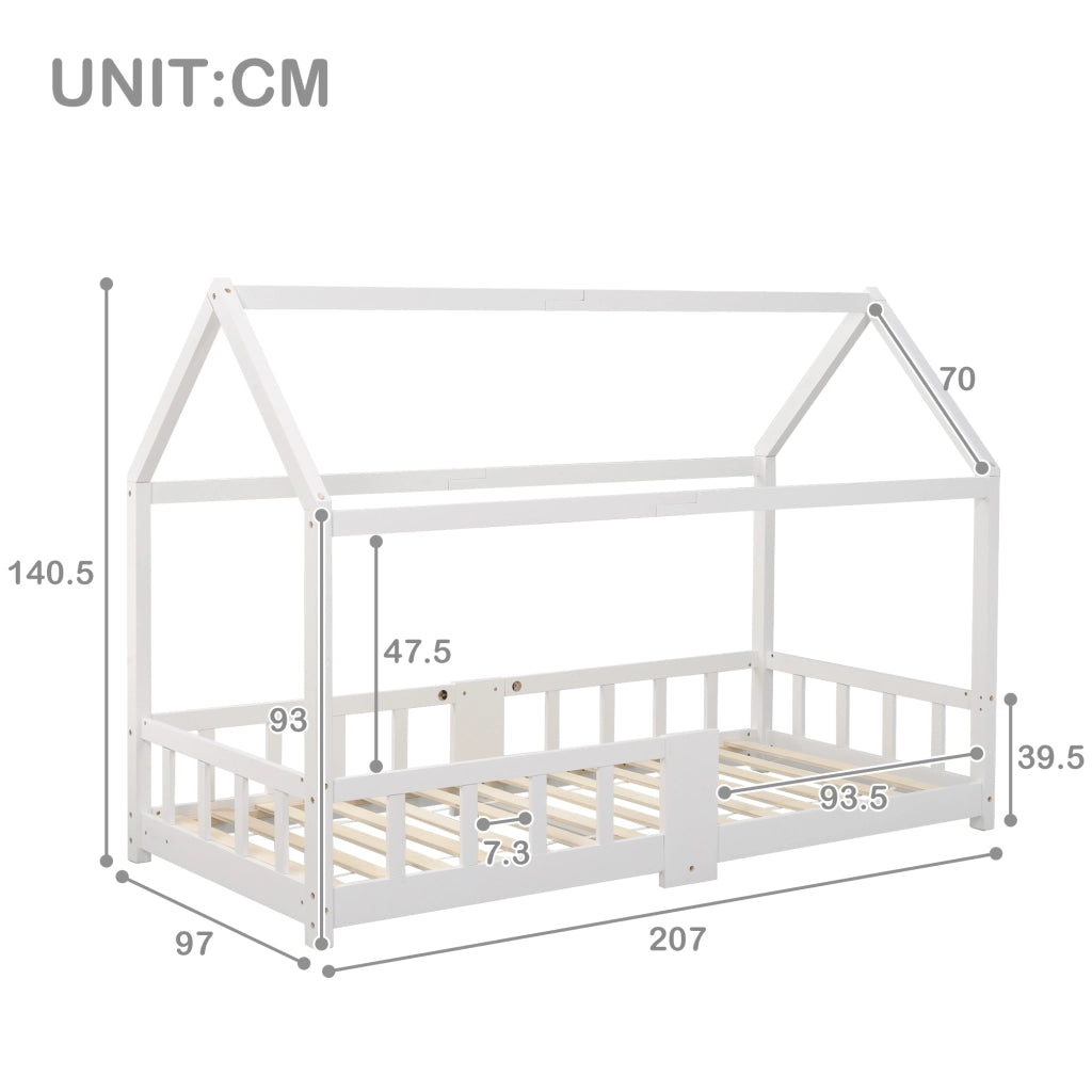 DESMIU Letto casetta bambino 90 × 200 cm con lavagna, sponda di sicurezza, senza materasso, legno massello, bianco