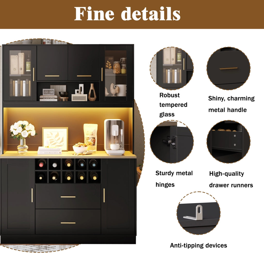 Credenza con sei ante due cassetti portabottiglie LED e prese in MDF nero con maniglie dorate 120 × 36.3 × 180 cm