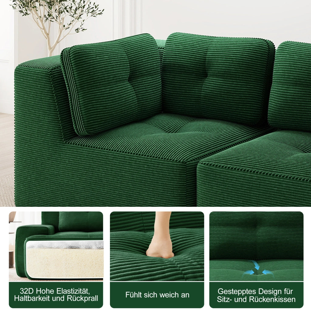 Divano angolare modulare 3 posti con chaise longue braccioli larghi e base antiscivolo in velluto a coste verde