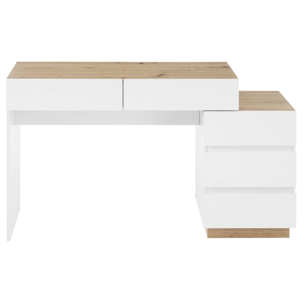 Scrivania con 5 cassetti in pannello E1 effetto quercia e bianco per camera da letto