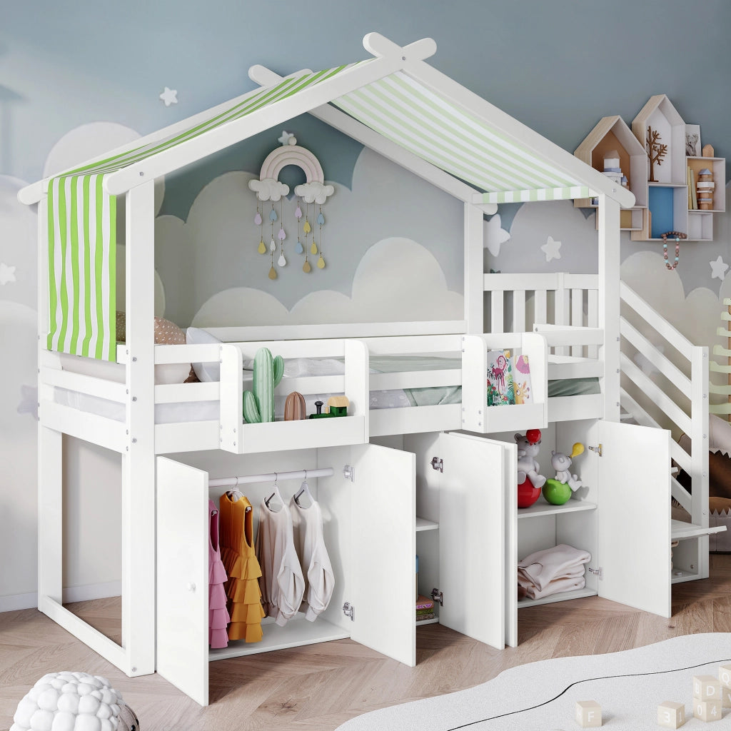 Letto a soppalco per bambini 90 × 200 cm 1 posto con armadio, 5 vani, scala e barriera, senza materasso, bianco e verde