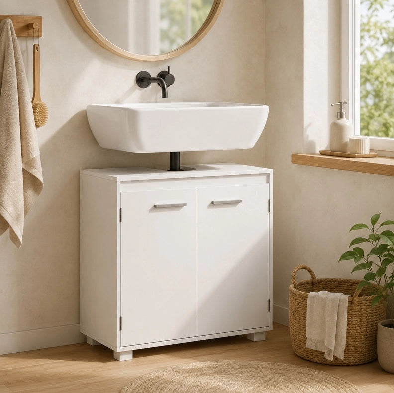 Mobile bagno moderno in MDF bianco con taglio a U e ripiano regolabile 60x30x60 cm