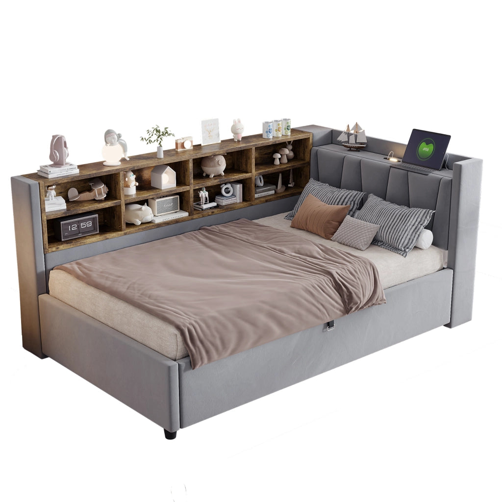 Letto divano singolo 90 × 200 cm con contenitore idraulico; luce notturna; USB e Type-C; senza materasso; grigio chiaro