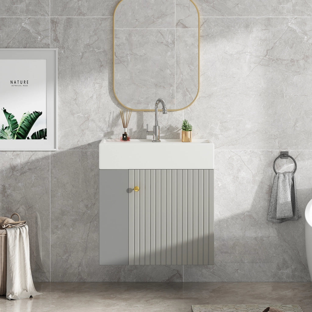 Mobiletto con lavabo in truciolato grigio e bianco con ripiani laterali e lavabo in ceramica 69 × 52 × 32 cm