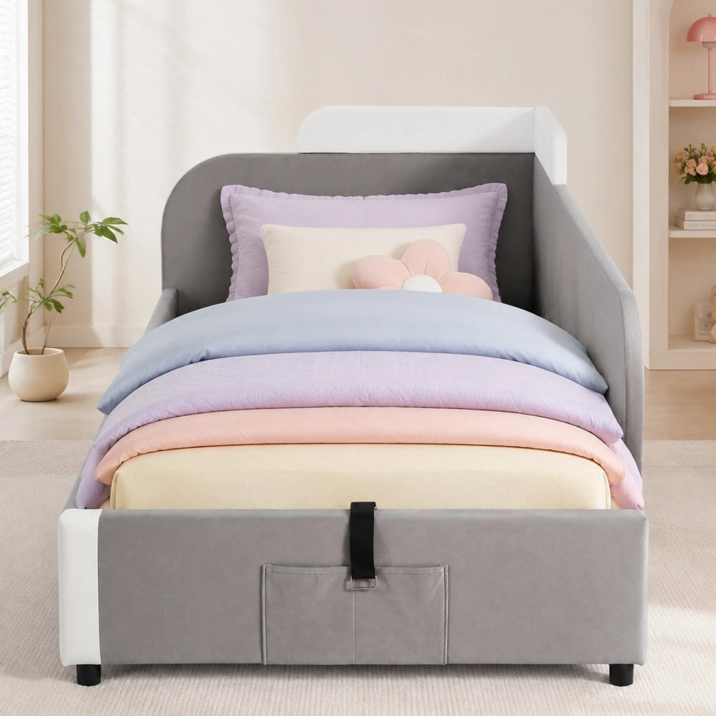 Letto singolo per bambini 90 × 200 cm con contenitore idraulico in velluto bianco e grigio con sponde morbide