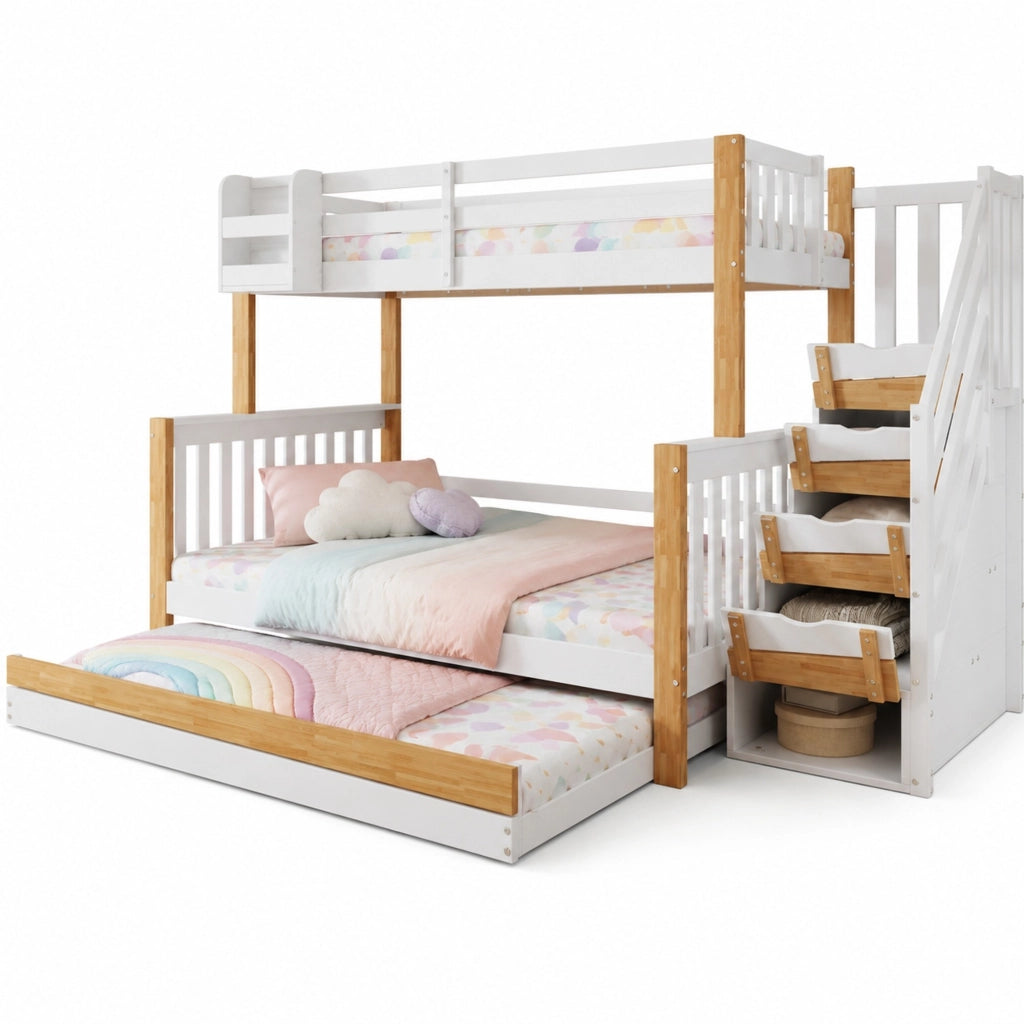 Letto a castello con letto estraibile; scala contenitore e sponde; 120x200 cm; bianco/natur