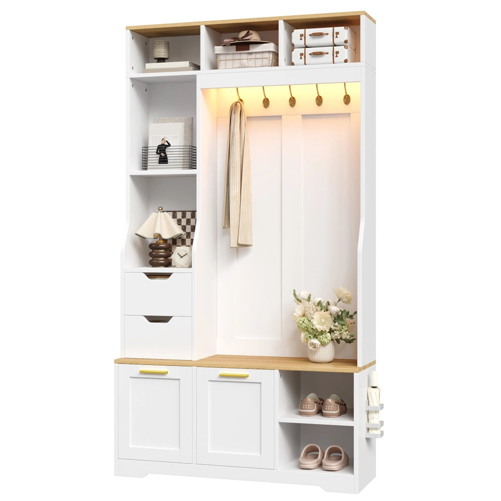 Mobile da ingresso guardaroba con 2 cassetti, 2 scarpiere a ribalta, panca e LED per corridoio, 100 × 32 × 186 cm