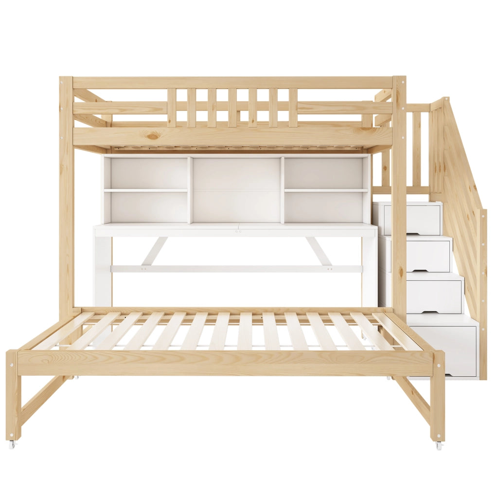 Letto a castello 90x200/90x190 cm con scrivania e letto estraibile in pino, compensato e MDF