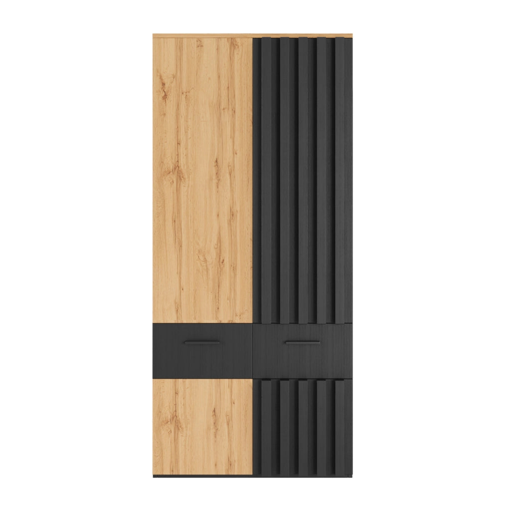 Armadio alto a quattro ante con lamelle 90x50x200 cm, 2 cassetti, 2 ripiani e barra appendiabiti, nero e legno naturale