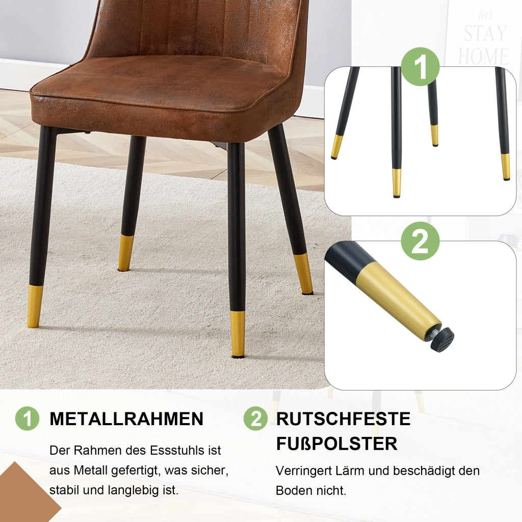 Sedie da pranzo, 2 pezzi in tessuto tecnico marrone con schienale ergonomico e gambe in metallo nero