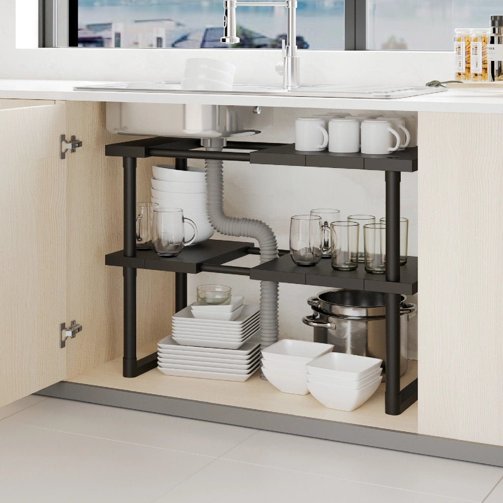 Organizer Sotto Lavello Estensibile Nero Salvaspazio – Ripiano Regolabile per Cucina e Bagno Mobiletto Organizzatore Per Armadi  2 Piani