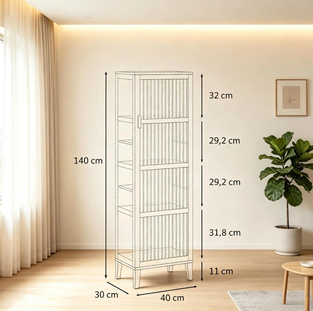 Armadio alto salvaspazio in bambù con anta a lamelle; 4 ripiani; 40 x 30 x 140 cm