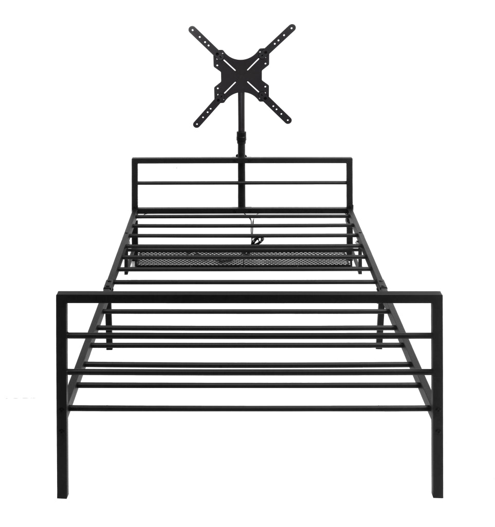 DESMIU Letto adulto in metallo nero con supporto schermo regolabile, LED, cestello portaoggetti, senza materasso
