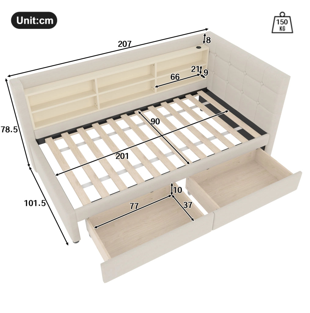 Letto 90x200 cm con 2 cassetti; USB e Tipo C in lino e MDF beige
