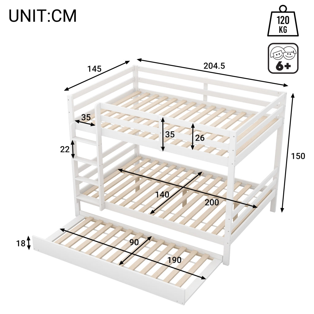 Letto a castello 140×200 cm 3 posti con letto estraibile e scala; senza materasso; in pino; bianco