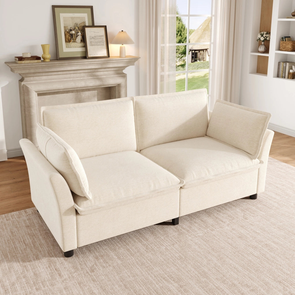 Divano 2 posti 155x81x87 cm in ciniglia beige con 2 cuscini e struttura in ferro