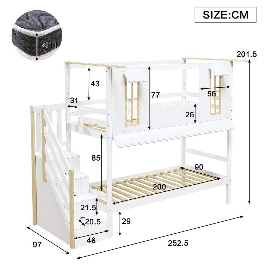 Letto a castello per bambini 90 × 200 cm 2 posti con scala contenitore; senza materasso; bianco e naturale