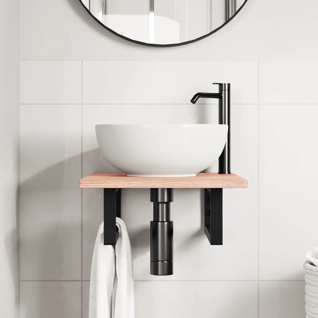 Ripiano a Parete per Lavabo in Acciaio e Massello di Rovere