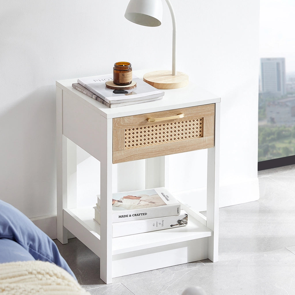 Comodino in MDF effetto rattan con cassetto, mobile versatile per camera da letto e soggiorno, bianco e naturale