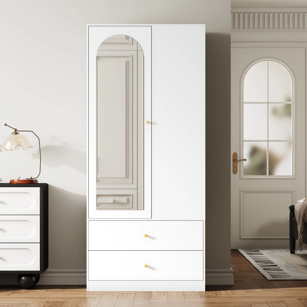 Armadio con specchio; 2 cassetti e 4 ripiani aperti; 80 x 40 x 180 cm; MDF bianco