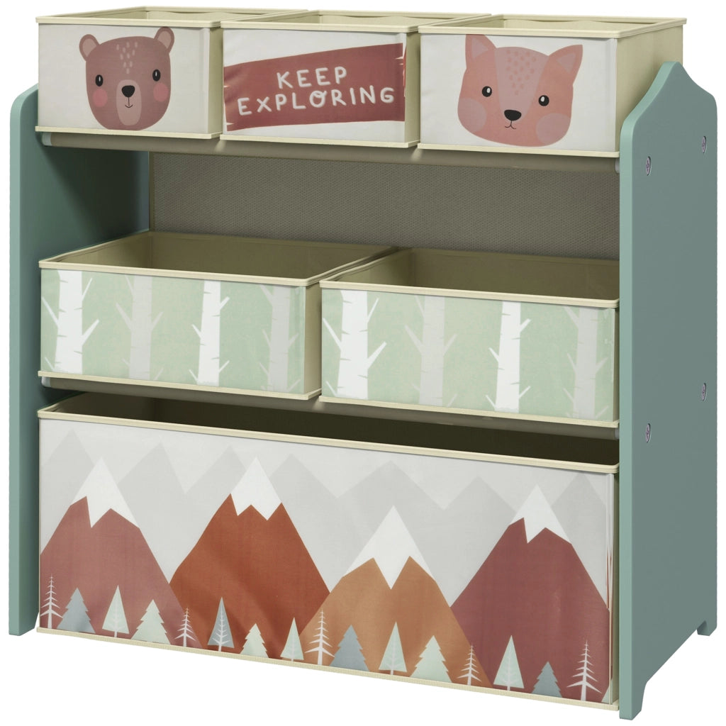 Scaffale Portagiochi per Bambini con 6 Contenitori Rimovibili in Tessuto, 63x30x66 cm, Verde