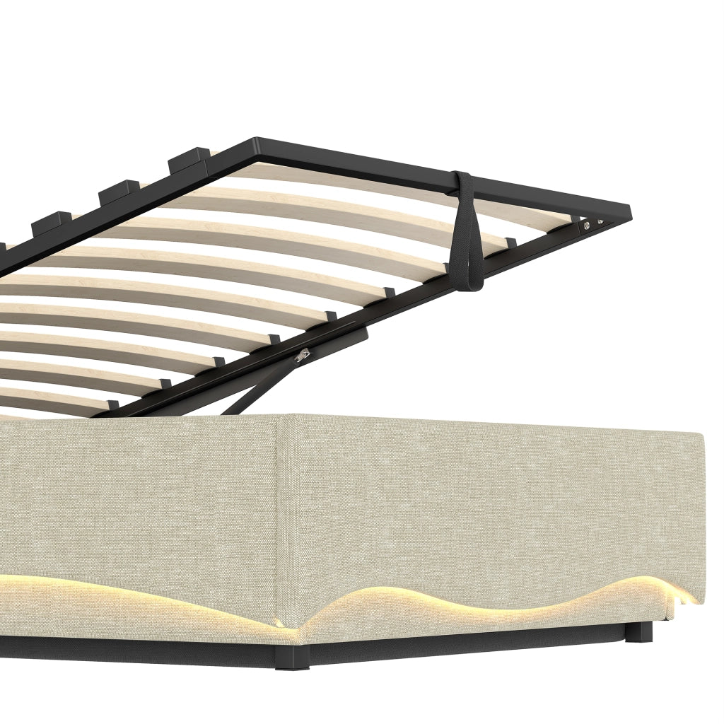 Letto singolo con contenitore 90 × 200 cm con LED; USB e Type-C; rivestito in lino beige con vano a ribalta
