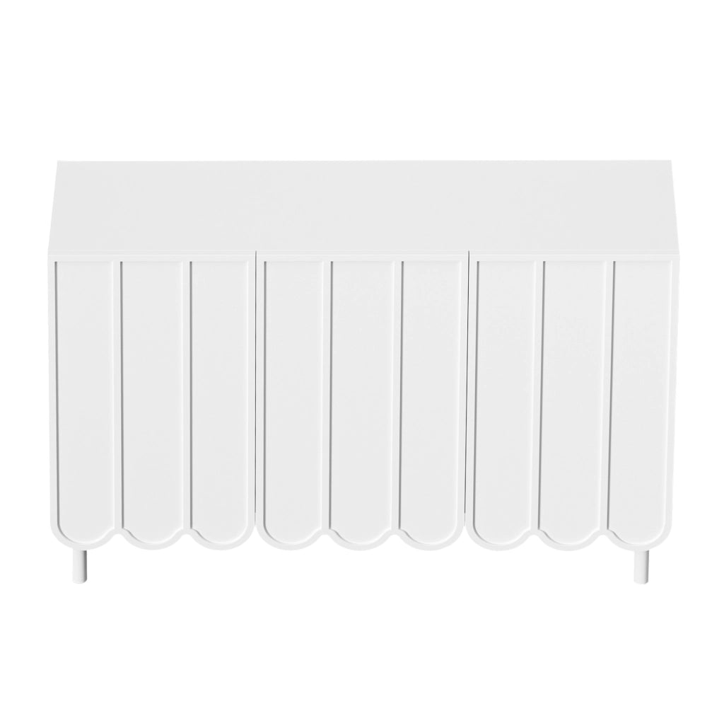 Madia bianca in MDF con ante ondulate; ripiani regolabili e apertura a pressione; 120 x 35 x 80 cm