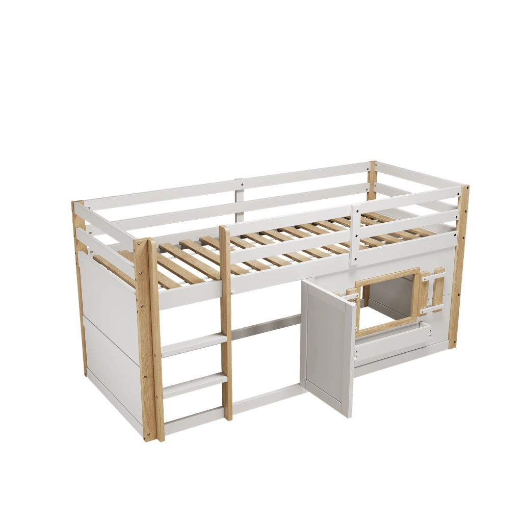Letto a soppalco per bambini 90x200 cm con scaletta e zona gioco; in legno massello e MDF; bianco per cameretta