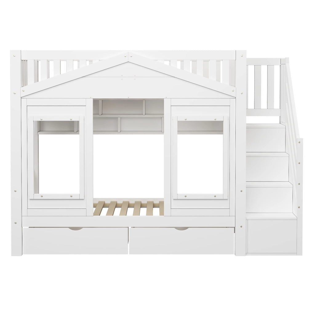 Letto a soppalco per bambini 90 × 200 cm con scala contenitore legno di pino e MDF bianco con cassetto