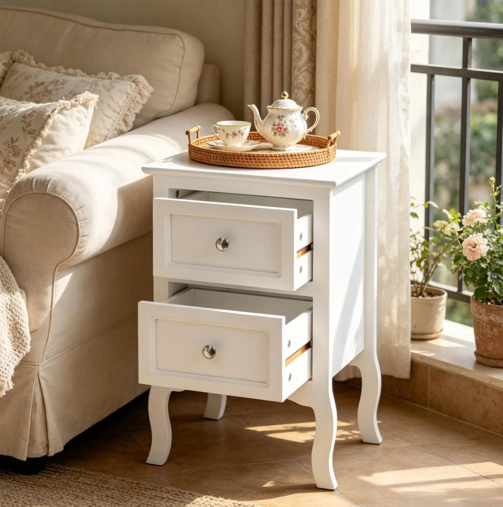 Comodino moderno bianco con due cassetti in MDF laccato 40x60x30 cm